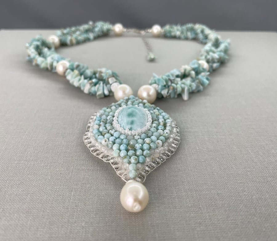 Elegant Larimar & Cultured Pearl Bridal Statement Necklace