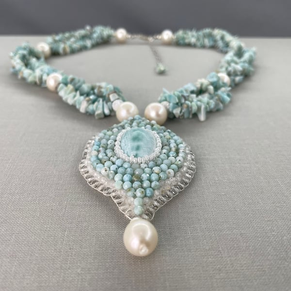 Elegant Larimar & Cultured Pearl Bridal Statement Necklace