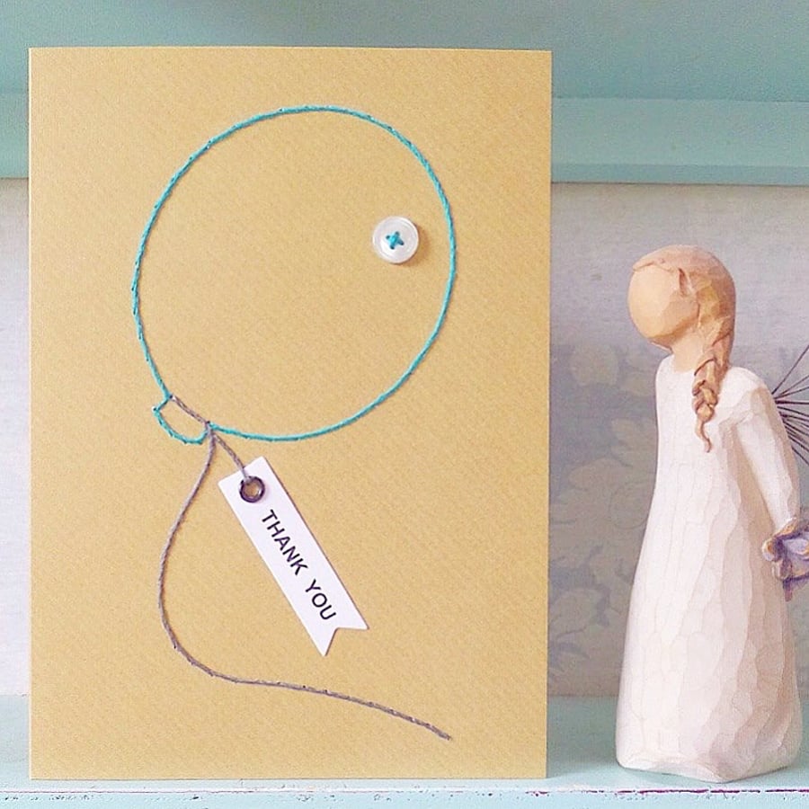 Thank You Card. Blank Card. Balloon Card. Hand Stitched Card. Hand Sewn Card.