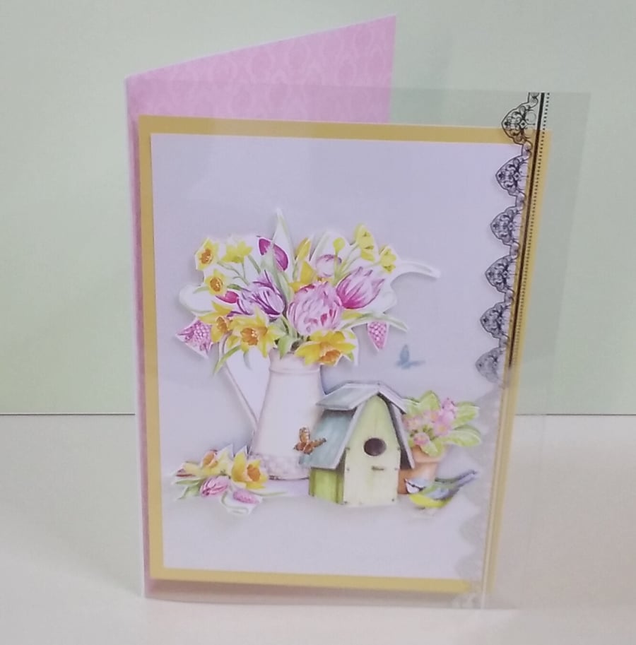 Blank card, Bird House and Spring Flowers 