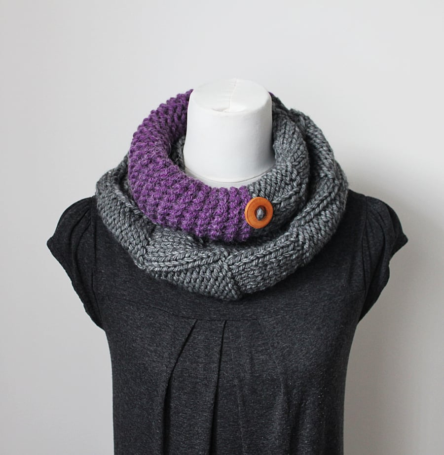 Gray and purple loop scarf, snood, neckwear, gift guide, knitwear UK