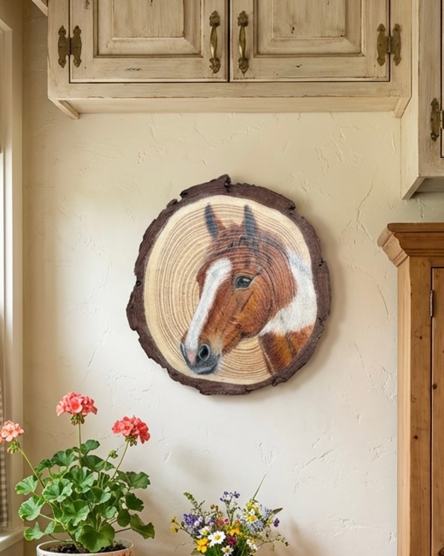 Hand Drawn Pony Portrait on Log Slice