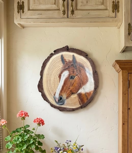Hand Drawn Pony Portrait on Log Slice