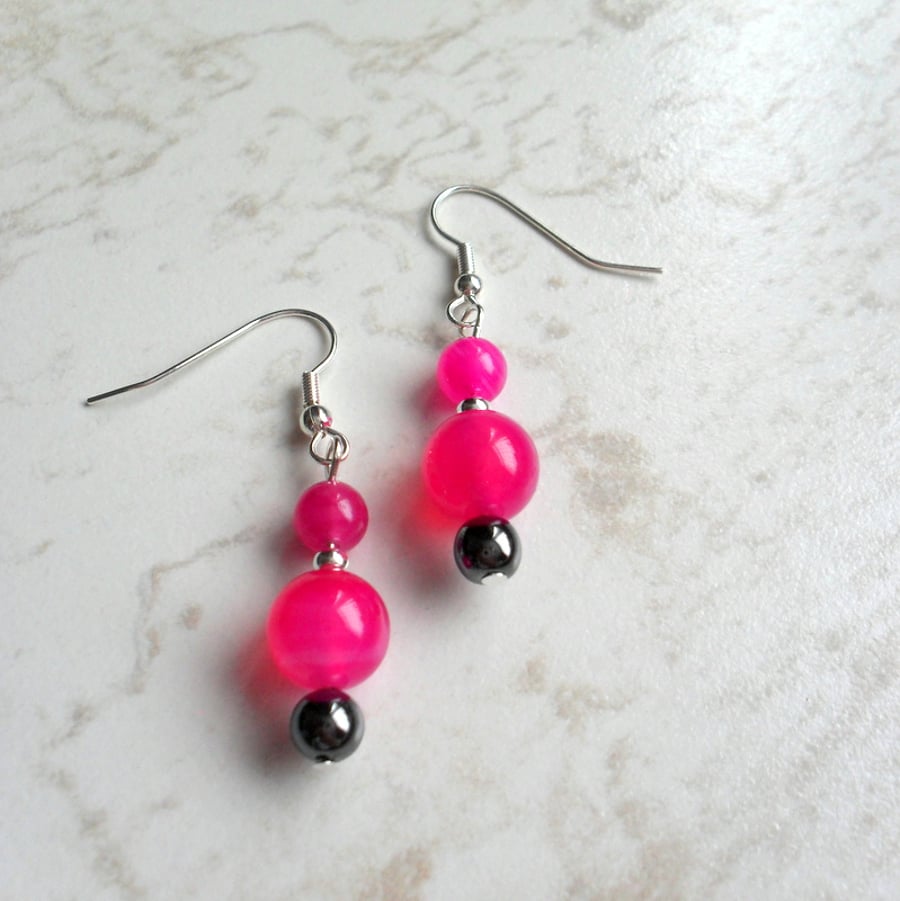 SALE Was 4 pounds now 2.50 Fuchsia Pink Agate and Haematite Earrings