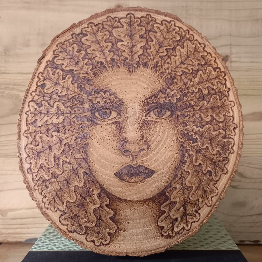 Pyrography Green Lady wood slice hanging decoration