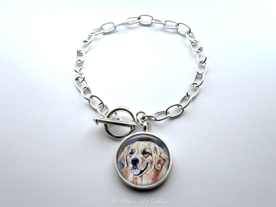 Silver Plated Golden Retriever Dog Art Large Link Charm Bracelet With Toggle