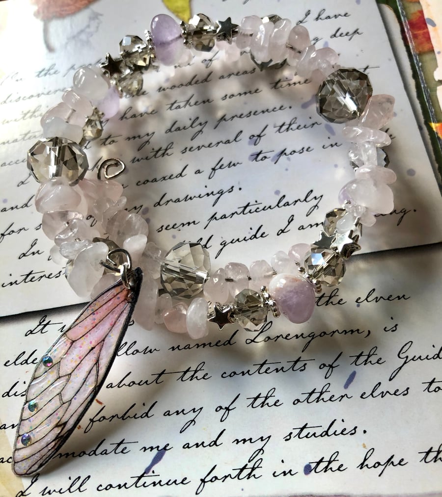 Rose Quartz and Amethyst Beaded Fairy Wing Bracelet