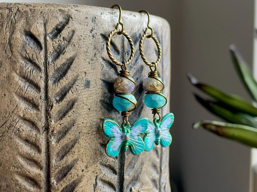 Turquoise & Lavender Czech Glass Earrings with Hand Painted Butterfly Charms
