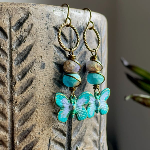 Turquoise & Lavender Czech Glass Earrings with Hand Painted Butterfly Charms
