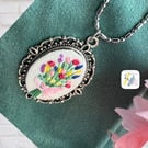 Small oval embroidered pendant, handmade pendant, floral bouquet design,gift for