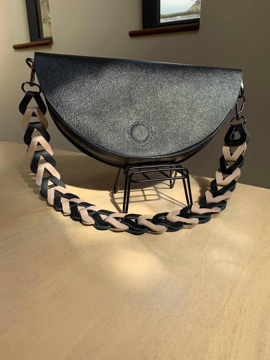 Black leather bag - half moon bag with contrasting leather link strap