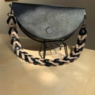 Black leather bag - half moon bag with contrasting leather link strap