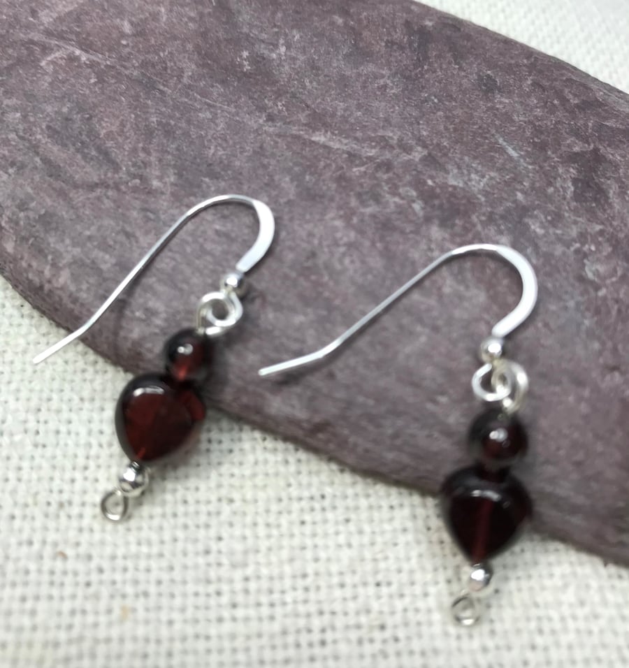 Sterling silver & Garnet heart bead earrings