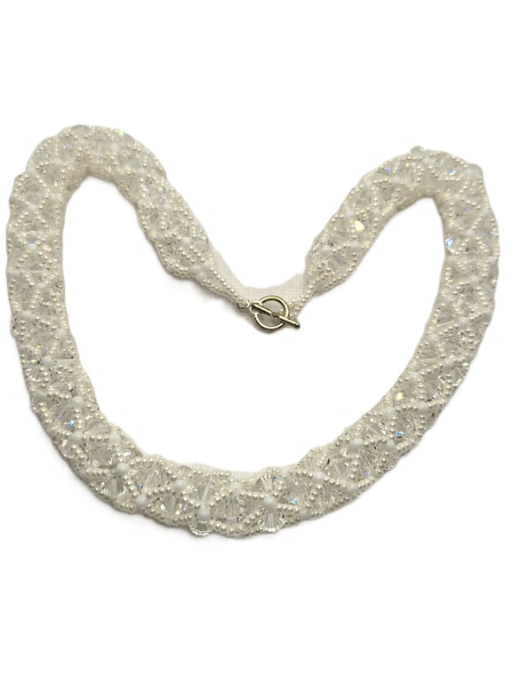 Swarovski crystal and seed bead netted necklace in white