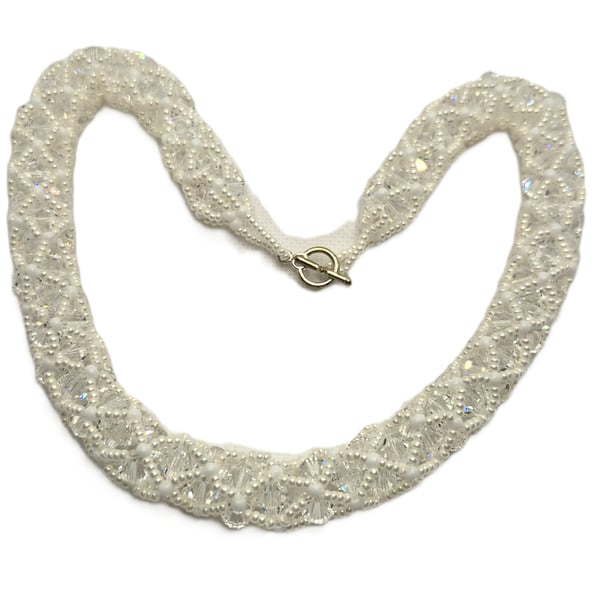 Swarovski crystal and seed bead netted necklace in white