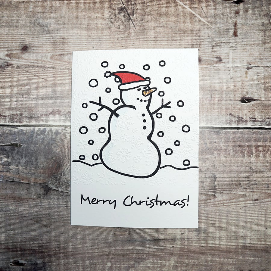 Merry Christmas Snowman Greetings Card - Handmade & Embossed with Snowflakes