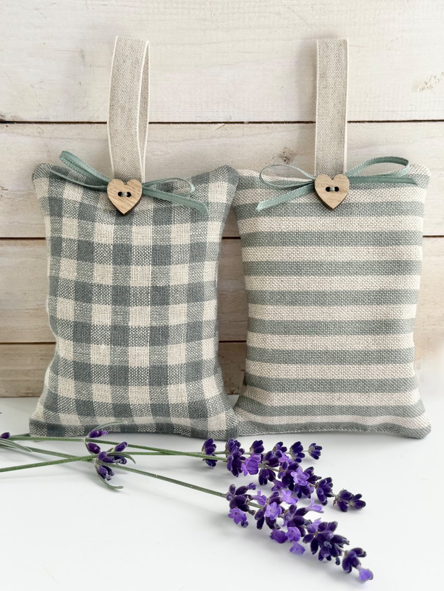 Lavender Bags - sage green linen checks and cotton stripes - singles or pair