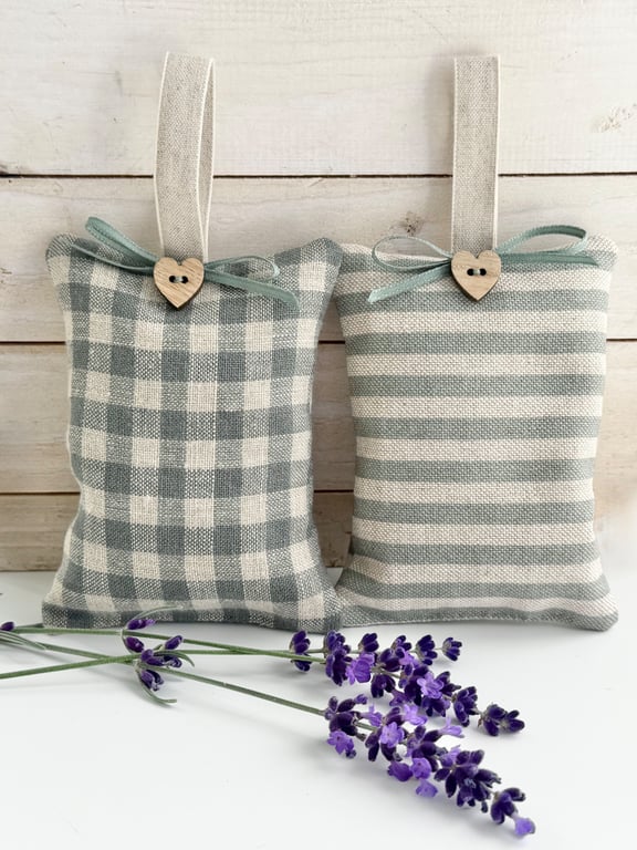 Lavender Bags - sage green linen checks and cotton stripes - singles or pair