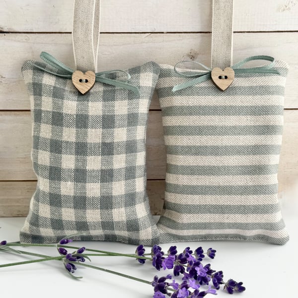 Lavender Bags - sage green linen checks and cotton stripes - singles or pair