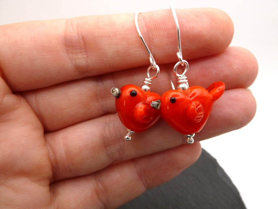 lampwork glass red bird earrings