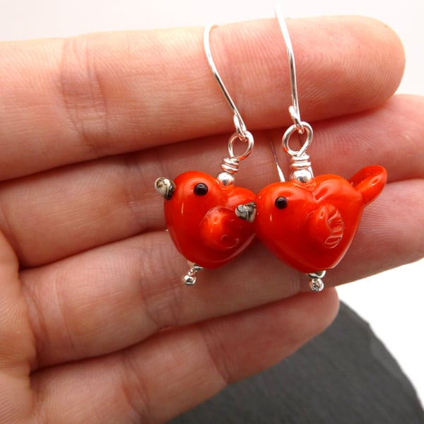 lampwork glass red bird earrings