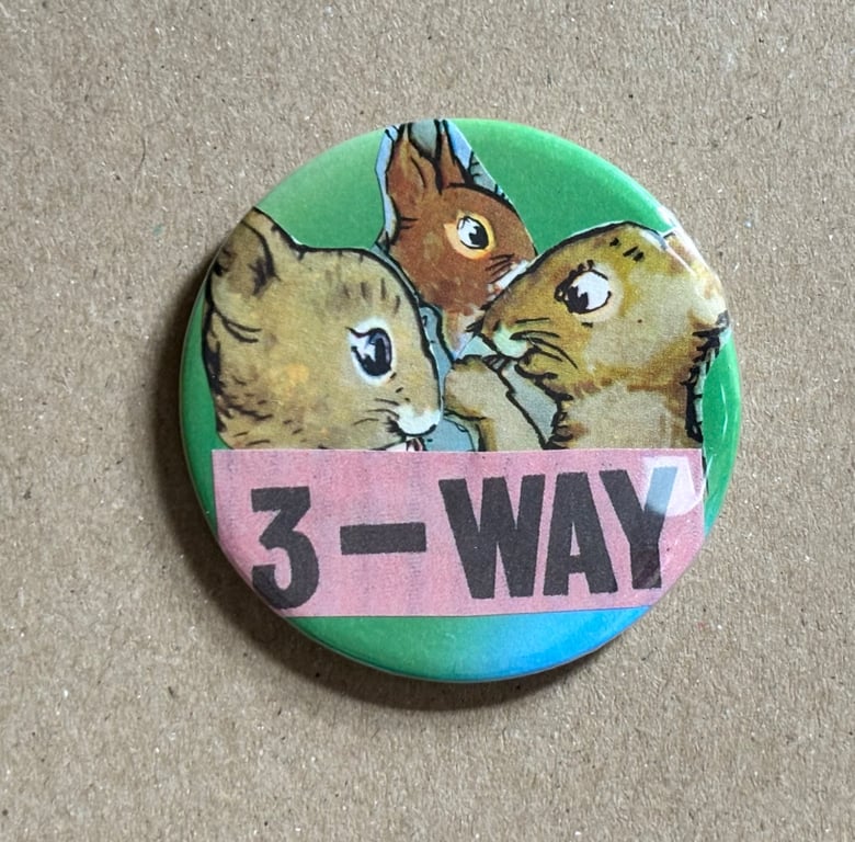 Collage pin badge - vintage book images & text - squirrel 3-way