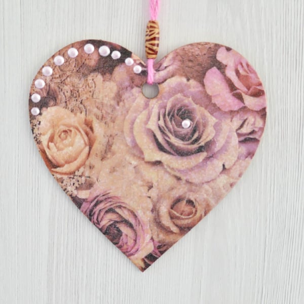 Glitter Roses: Decoupaged Wooden Hanging Heart 15cm (6”)