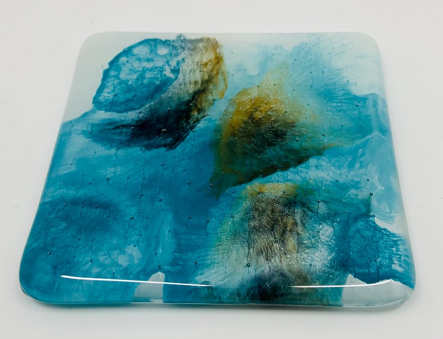 Fabulous Turquoise and Golden Brown enamel painted Glass Coaster.