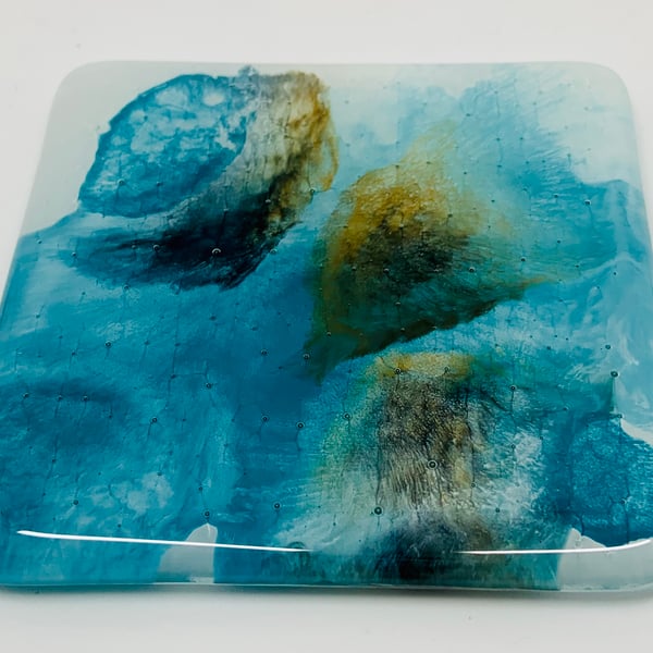 Fabulous Turquoise and Golden Brown enamel painted Glass Coaster.