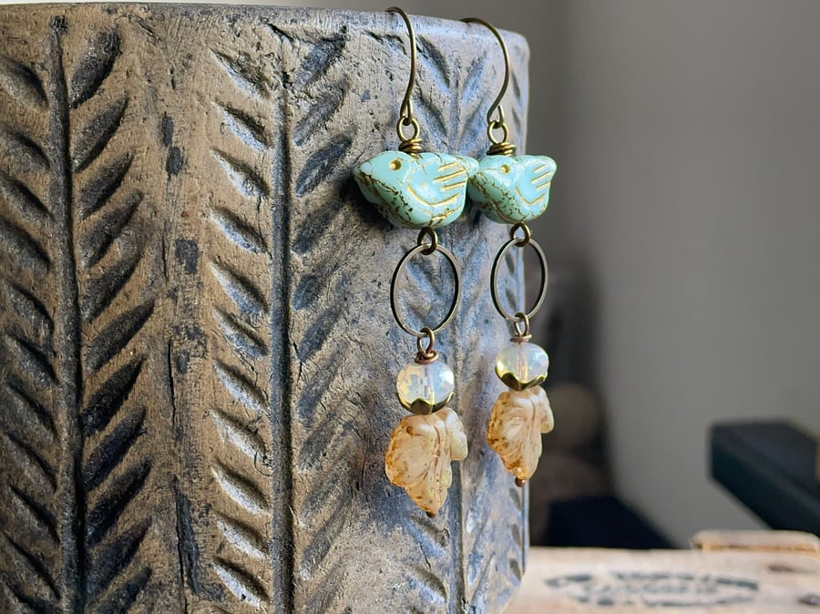 Whimsical Mint Green Czech Glass Bird Earrings. Jewellery for Nature Lovers