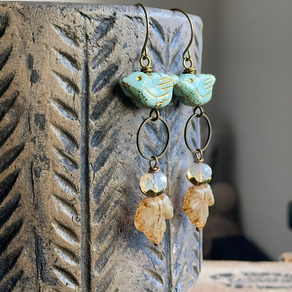 Whimsical Mint Green Czech Glass Bird Earrings. Jewellery for Nature Lovers