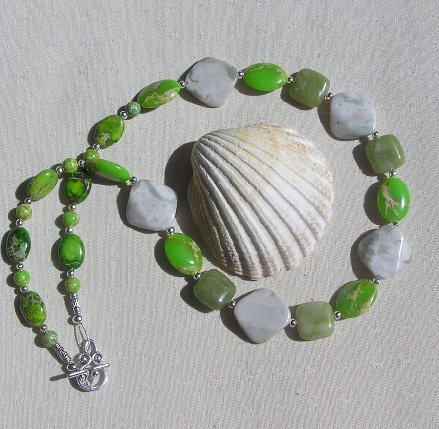 Green Sea Sediment Jasper & Jade Crystal Gemstone Beaded Chakra Necklace