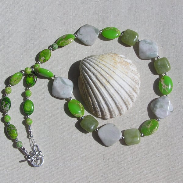 Green Sea Sediment Jasper & Jade Crystal Gemstone Beaded Chakra Necklace