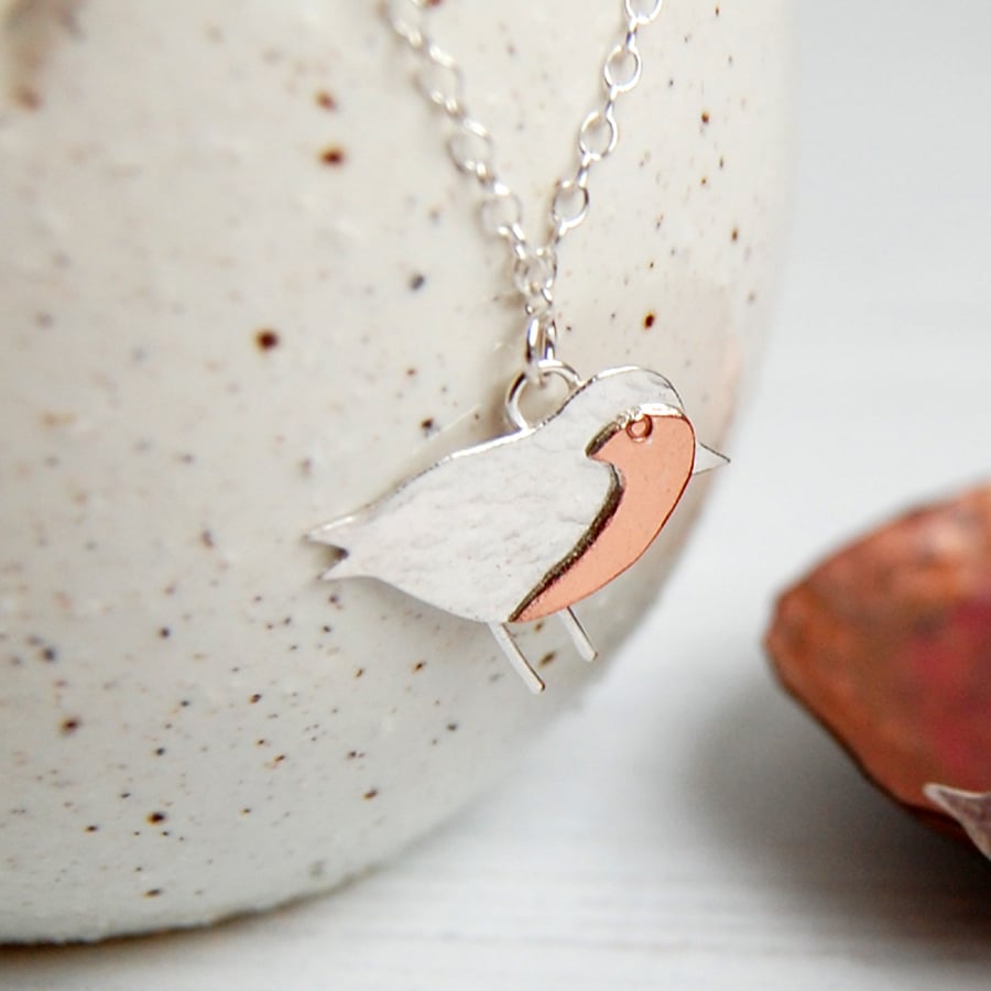 Copper breasted silver robin necklace
