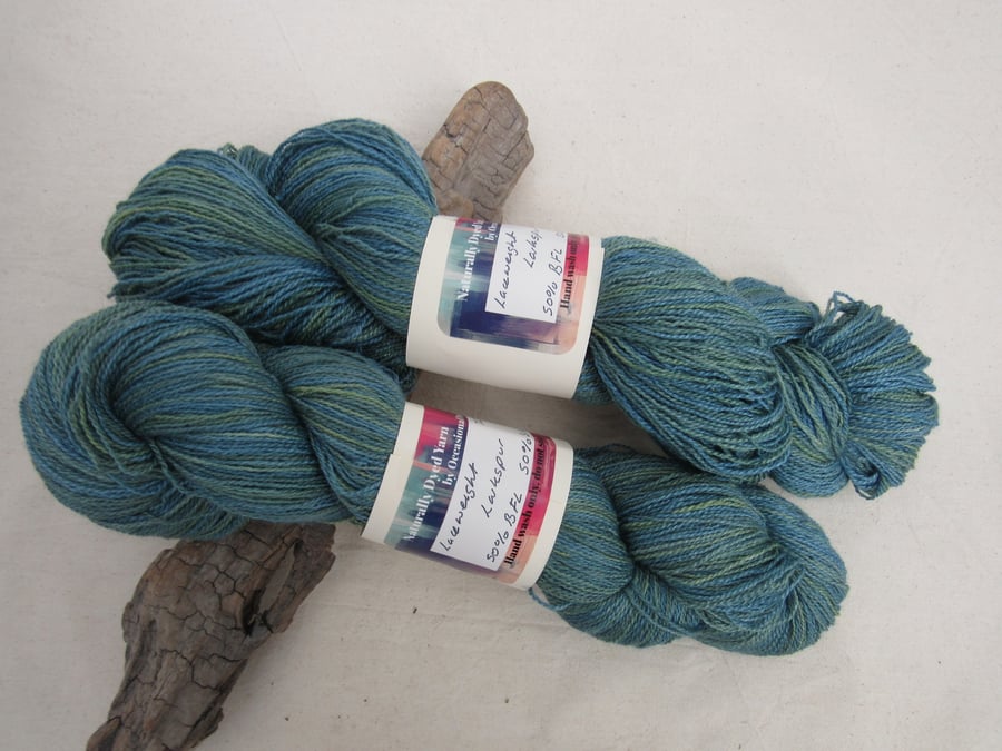 100g Larkspur BFL Silk Blend Space Dyed Natural Dye Laceweight Yarn