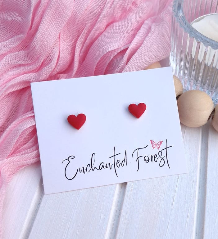 Red Mini Heart Stud Earrings, Minimalist Jewellery, Accessories & Gifts