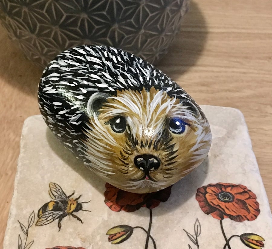 Hedgehog hand painted pebble garden rock art pet stone portrait 