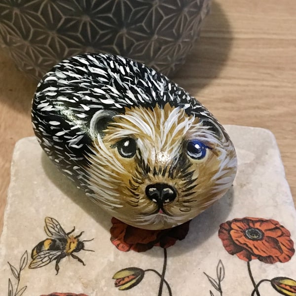 Hedgehog hand painted pebble garden rock art pet stone portrait 