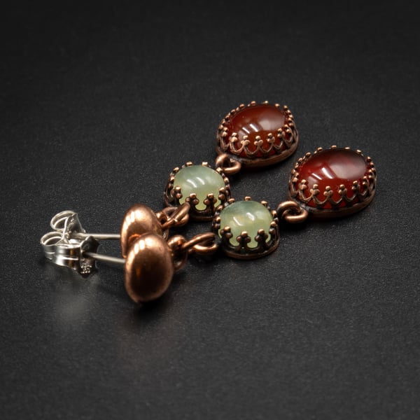  Carnelian, Jade and copper double drop earrings,  Leo, Virgo, Taurus jewelry