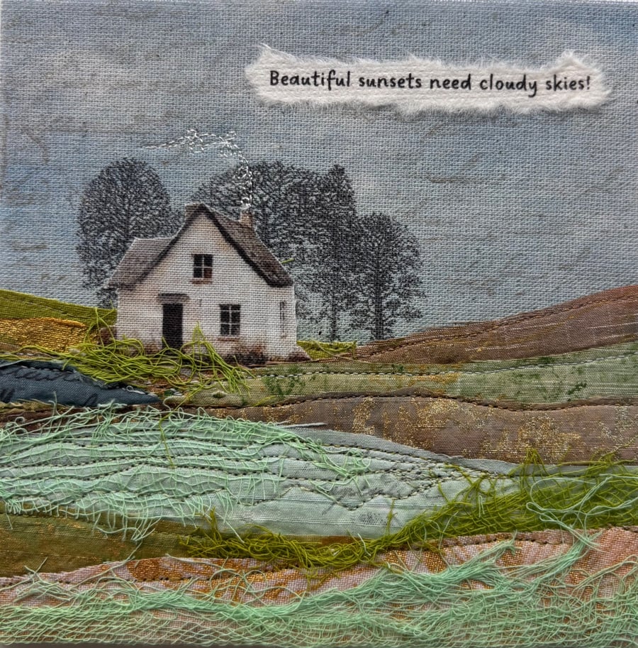 Framed textile landscape …… Beautiful sunsets need cloudy skies!