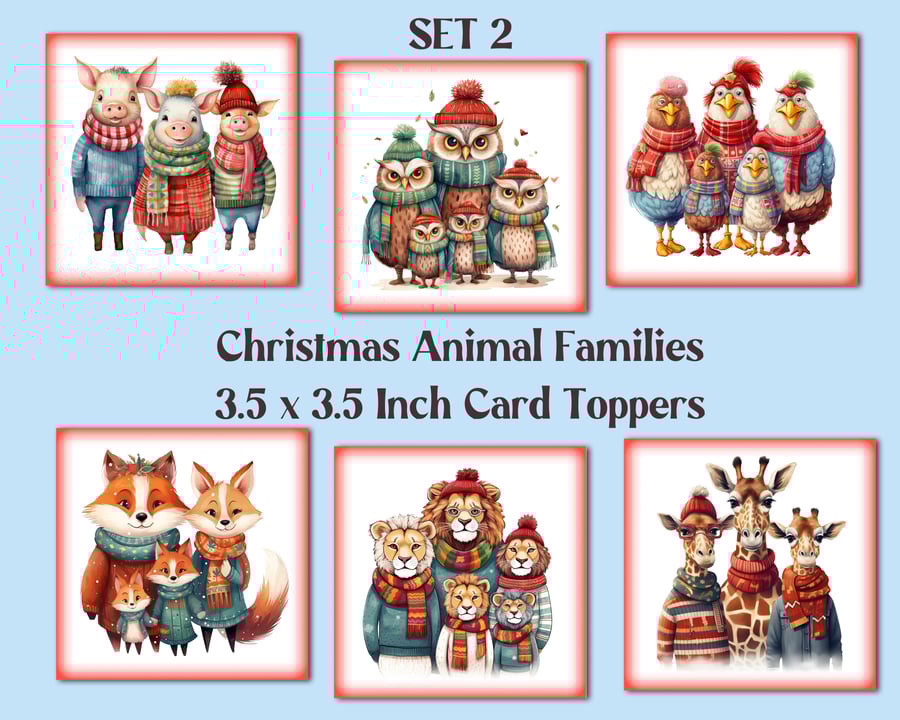 Christmas Animal Families Square Card Toppers for Card Making, Tags, Scrapbooks