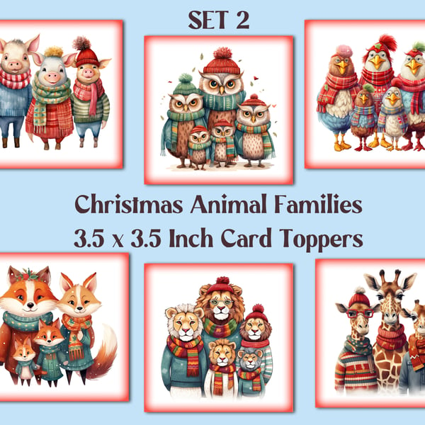 Christmas Animal Families Set of 6 Square Card Toppers for Card Making, Tags