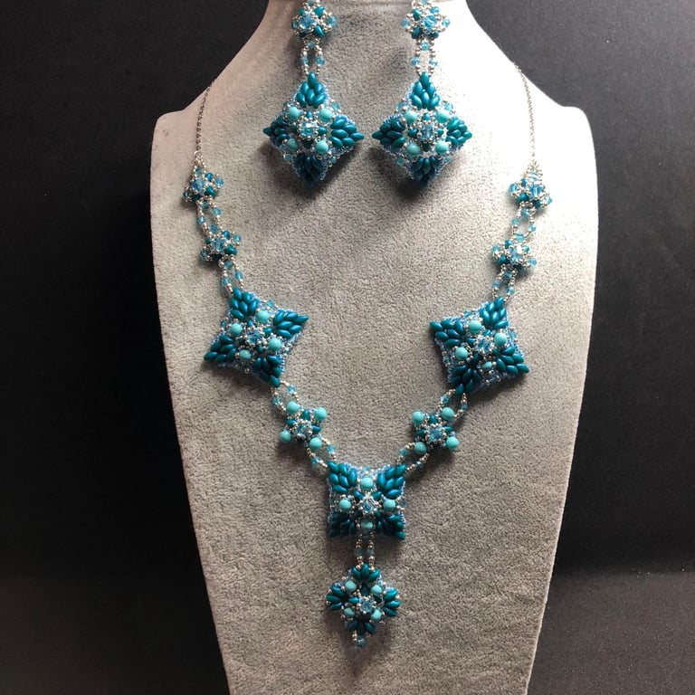Georgina seed bead and Crystal Necklace and Earring set, handmade