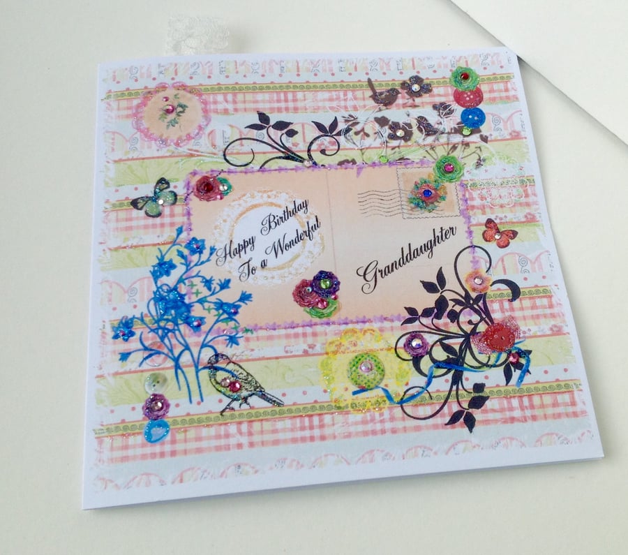 Birthday Card Granddaughter,Printed Patchwork Design,Handmade,Personalised 