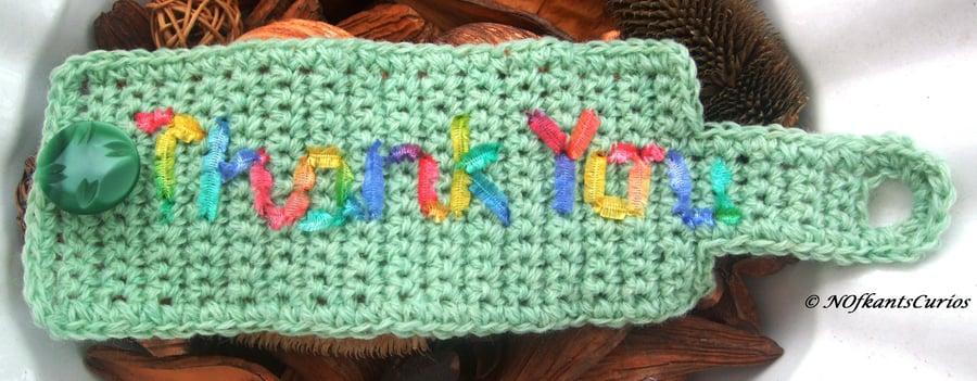 Thank you!  Crocheted and Embroidered Mug Cosy!  Give Your Mug a Hug!