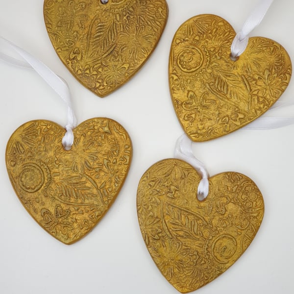 SALE clay love heart hanging decoration, gold heart decoration