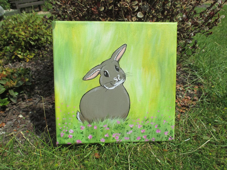 Bunny Painting Rabbit Picture Original Art Bunny Canvas Rabbit Scene Clover
