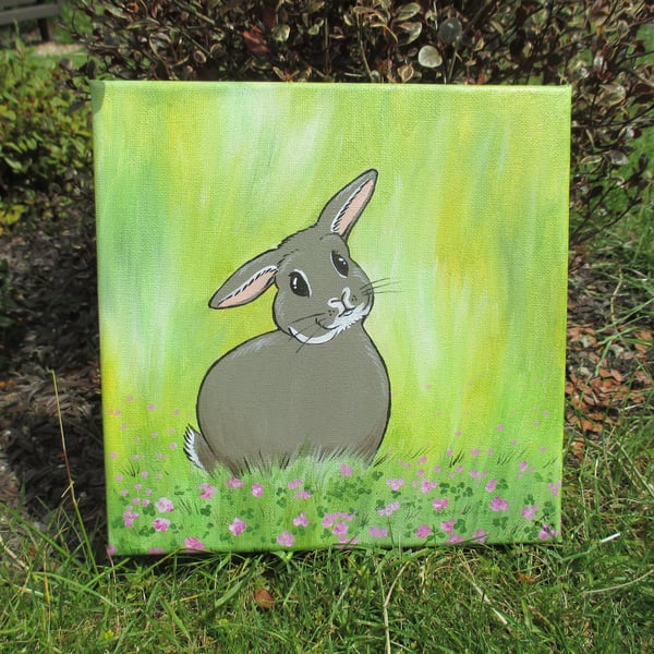 Bunny Painting Rabbit Picture Original Art Bunny Canvas Rabbit Scene Clover