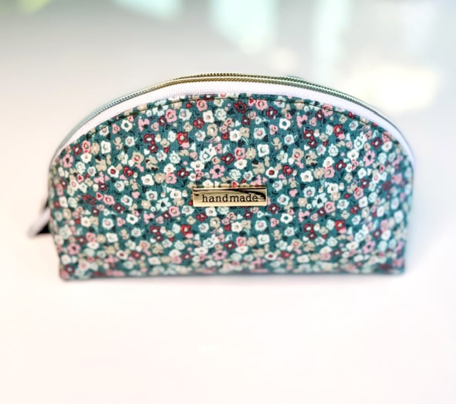 Green Floral Ditsy Print Half Moon Cosmetics Bag