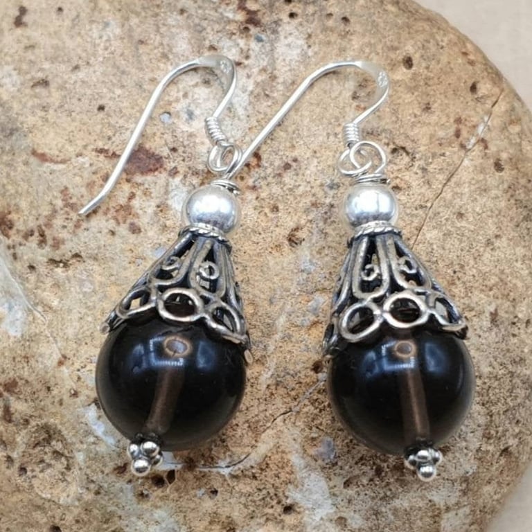 Dangle Smoky Quartz cone earrings. Reiki jewelry